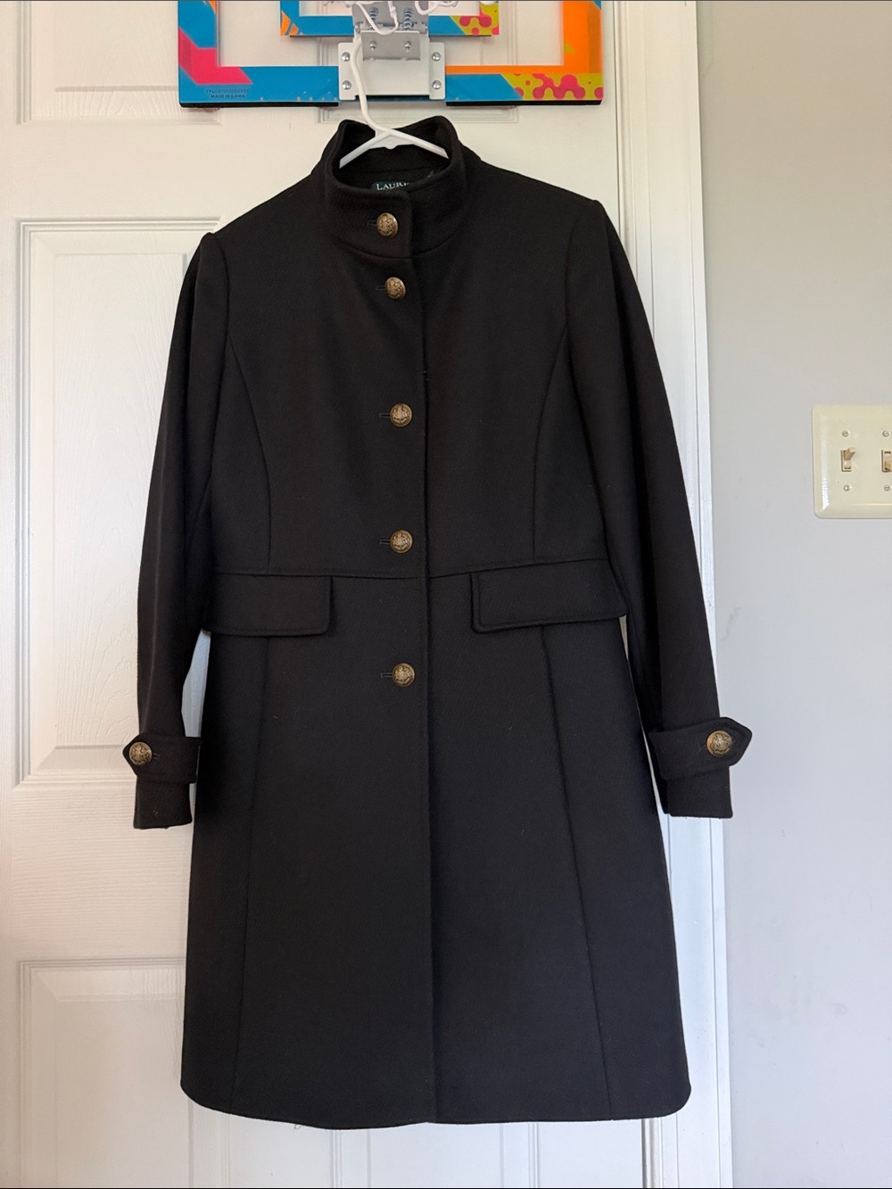 Womens Black Military-Style Wool Coat